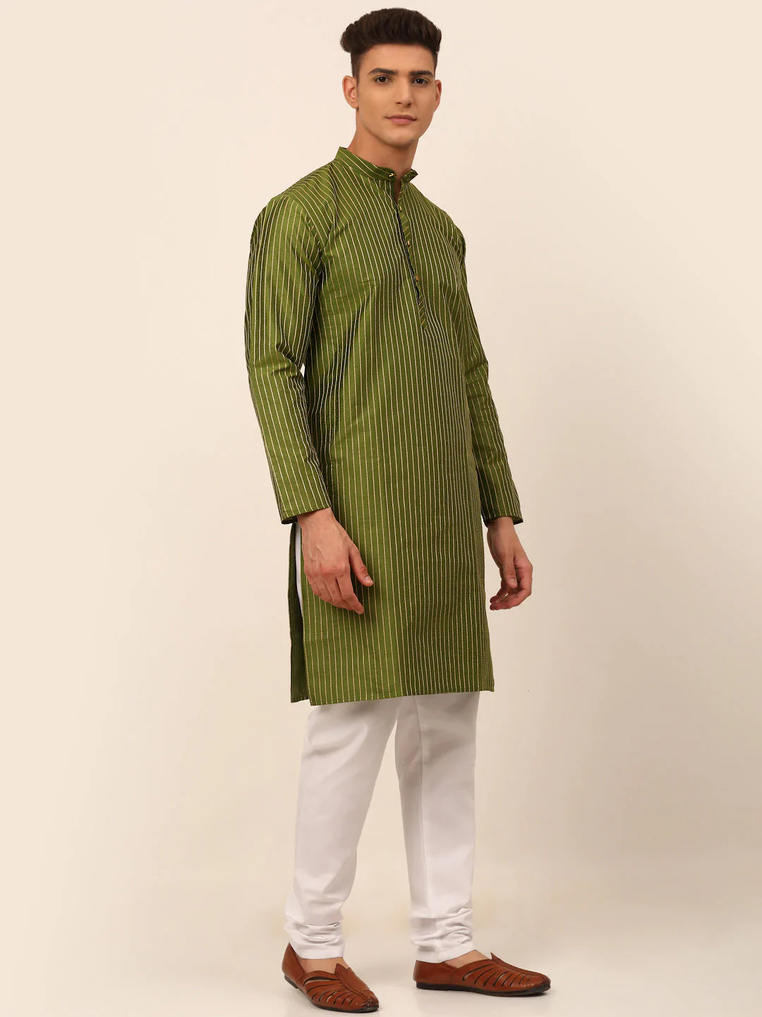 Men Olive Green Striped Pleated Chikankari Kurta Only ( KO 666 Olive )