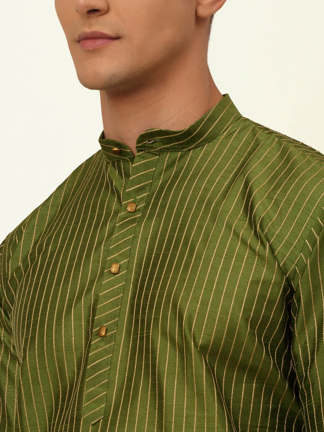 Men Olive Green Striped Pleated Chikankari Kurta Only ( KO 666 Olive )