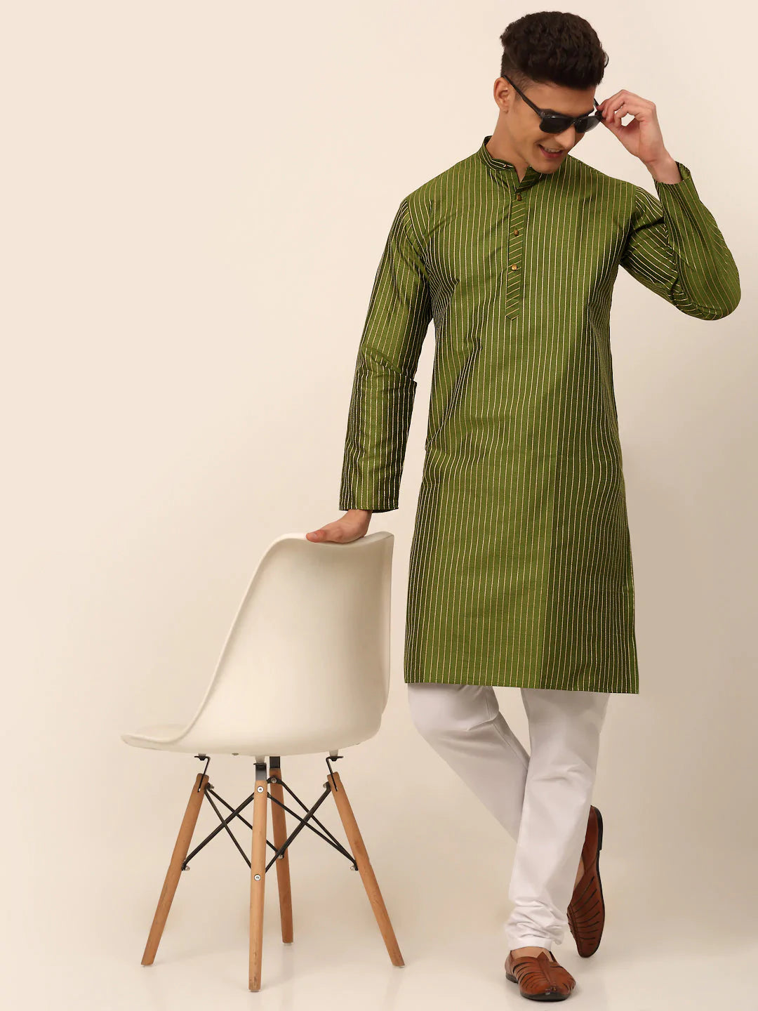 Men Olive Green Striped Pleated Chikankari Kurta Only ( KO 666 Olive )