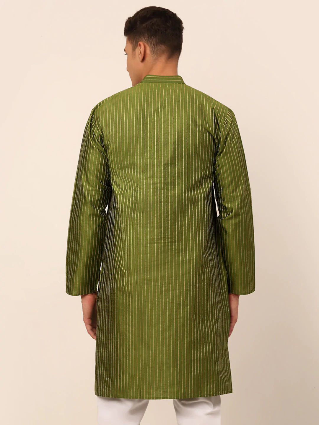 Men Olive Green Striped Pleated Chikankari Kurta Only ( KO 666 Olive )