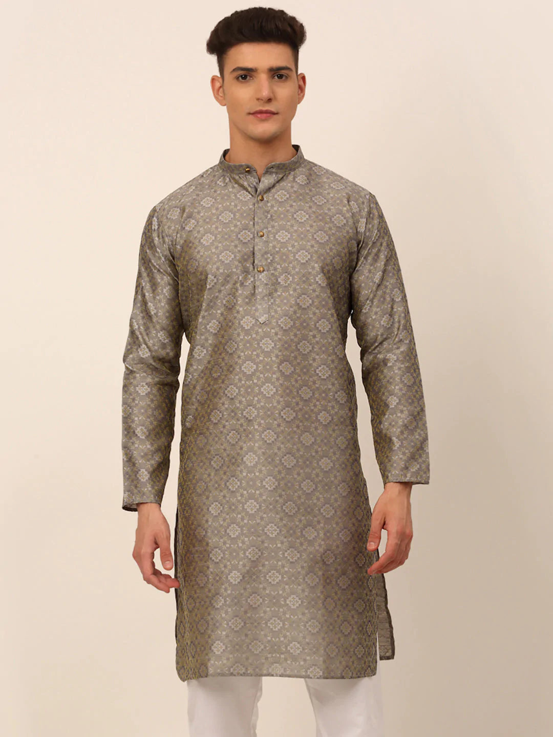 Men Grey Floral Printed Kurta Only ( KO 669 Grey )