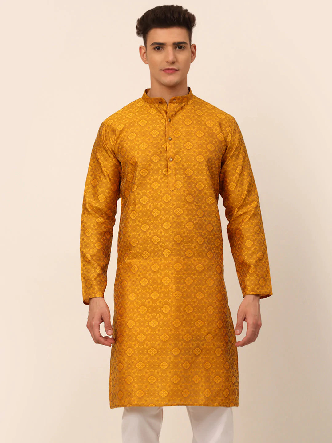 Men Mustard Floral Printed Kurta Only ( KO 669 Mustard )