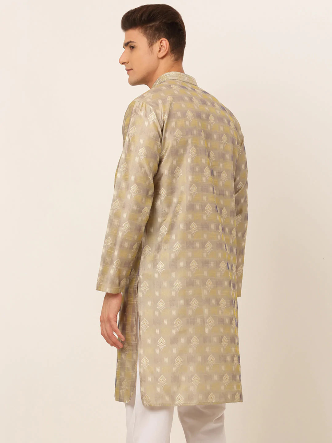Jompers Men's Beige Collar Embroidered Woven Design Kurta Pajama ( KO 672 Beige )