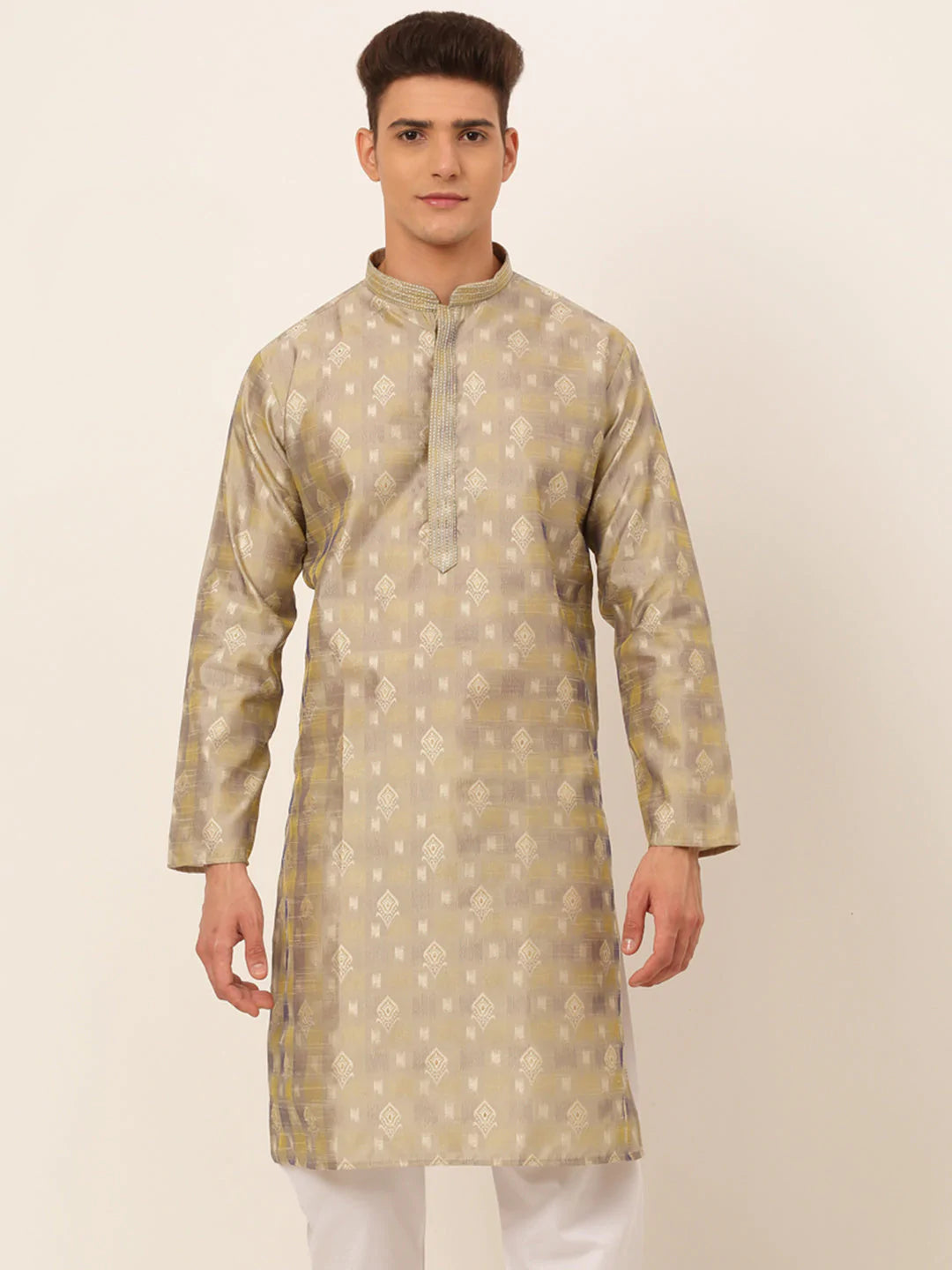 Jompers Men's Beige Collar Embroidered Woven Design Kurta Pajama ( KO 672 Beige )