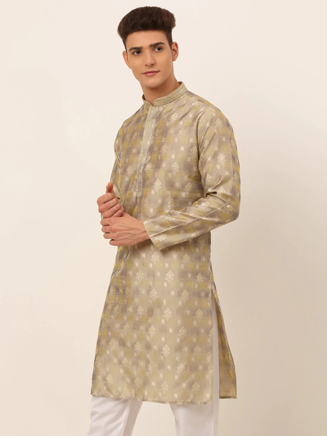 Jompers Men's Beige Collar Embroidered Woven Design Kurta Pajama ( KO 672 Beige )