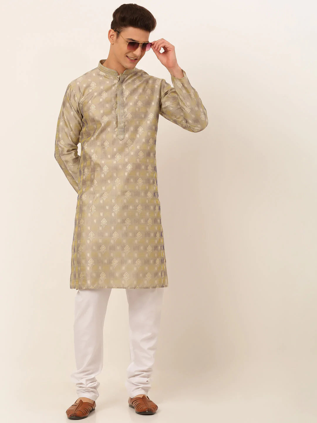 Jompers Men's Beige Collar Embroidered Woven Design Kurta Pajama ( KO 672 Beige )