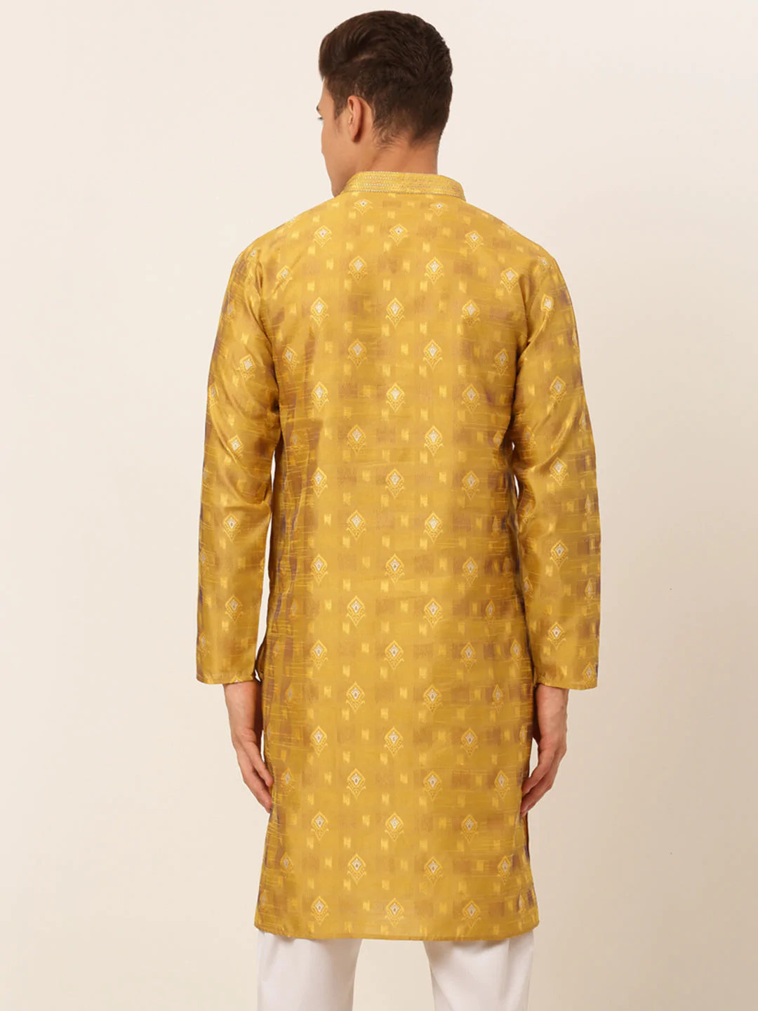 Jompers Men's Mustard Collar Embroidered Woven Design Kurta Pajama ( KO 672 Mustard )