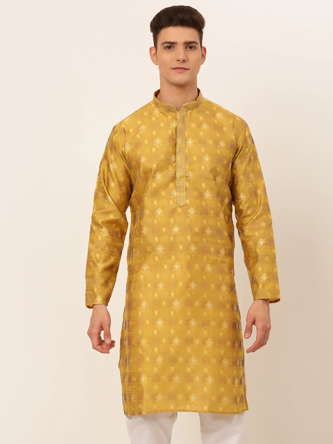 Jompers Men's Mustard Collar Embroidered Woven Design Kurta Pajama ( KO 672 Mustard )