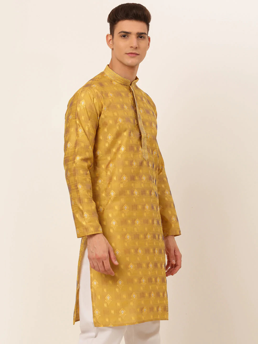 Jompers Men's Mustard Collar Embroidered Woven Design Kurta Pajama ( KO 672 Mustard )