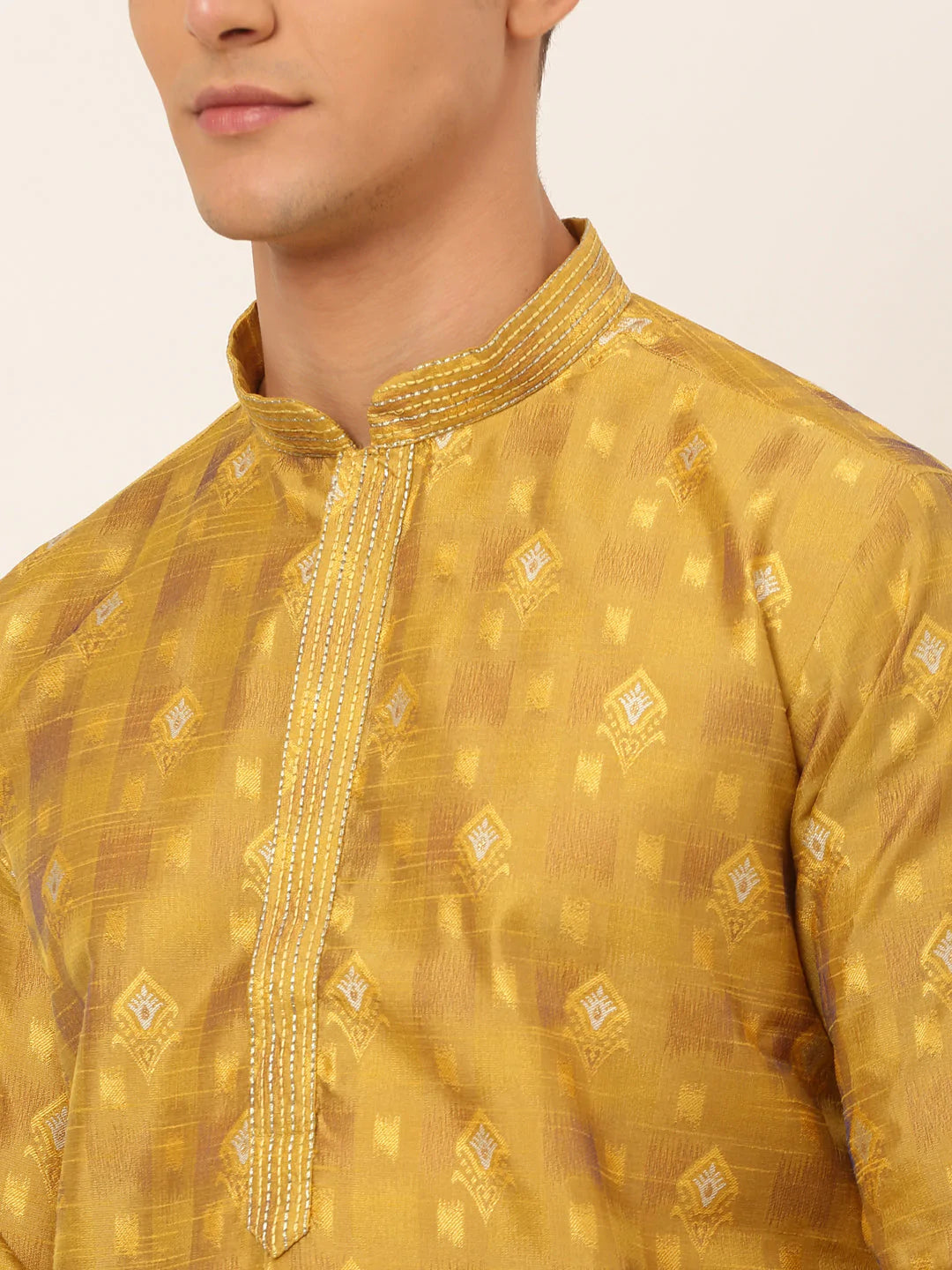 Jompers Men's Mustard Collar Embroidered Woven Design Kurta Pajama ( KO 672 Mustard )