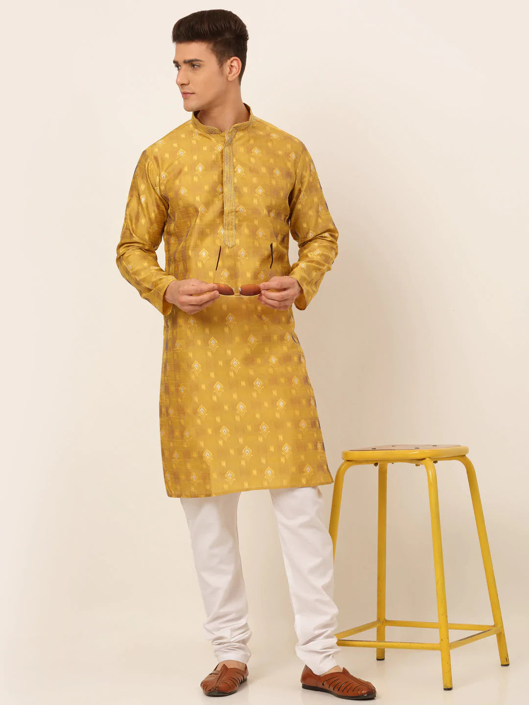 Jompers Men's Mustard Collar Embroidered Woven Design Kurta Pajama ( KO 672 Mustard )