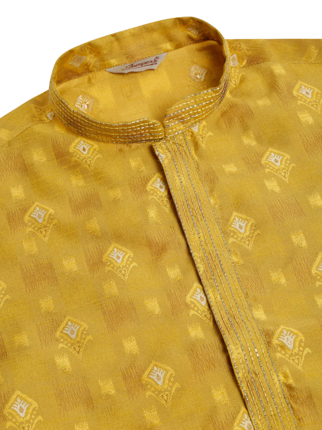 Jompers Men's Mustard Collar Embroidered Woven Design Kurta Pajama ( KO 672 Mustard )