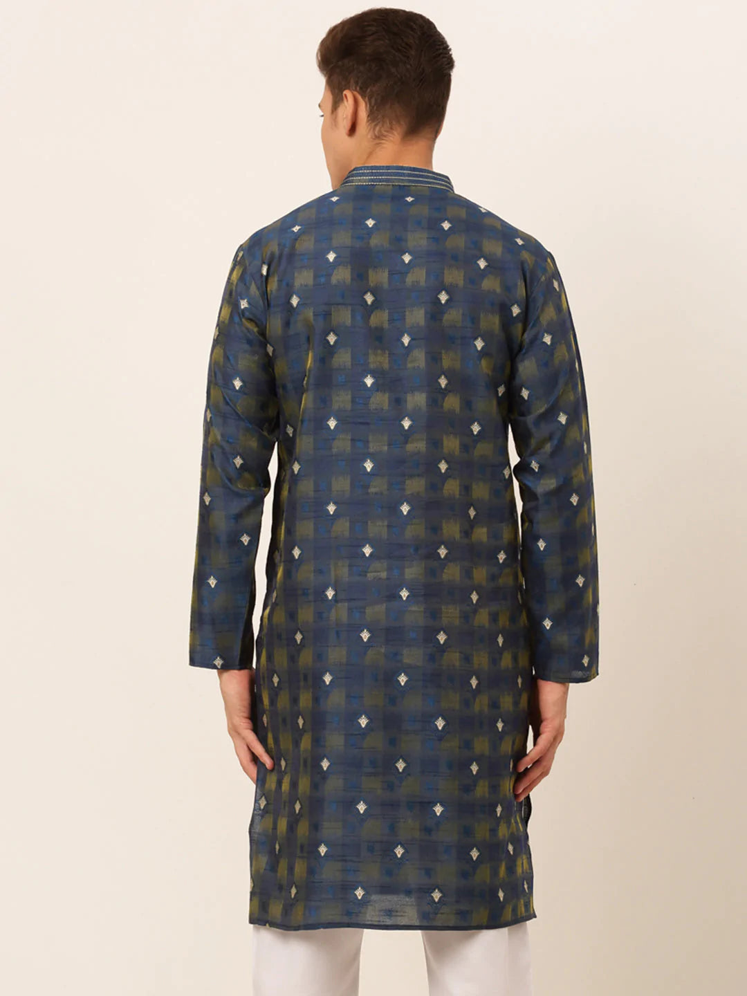 Jompers Men's Navy Blue Collar Embroidered Woven Design Kurta Pajama ( KO 672 Navy )