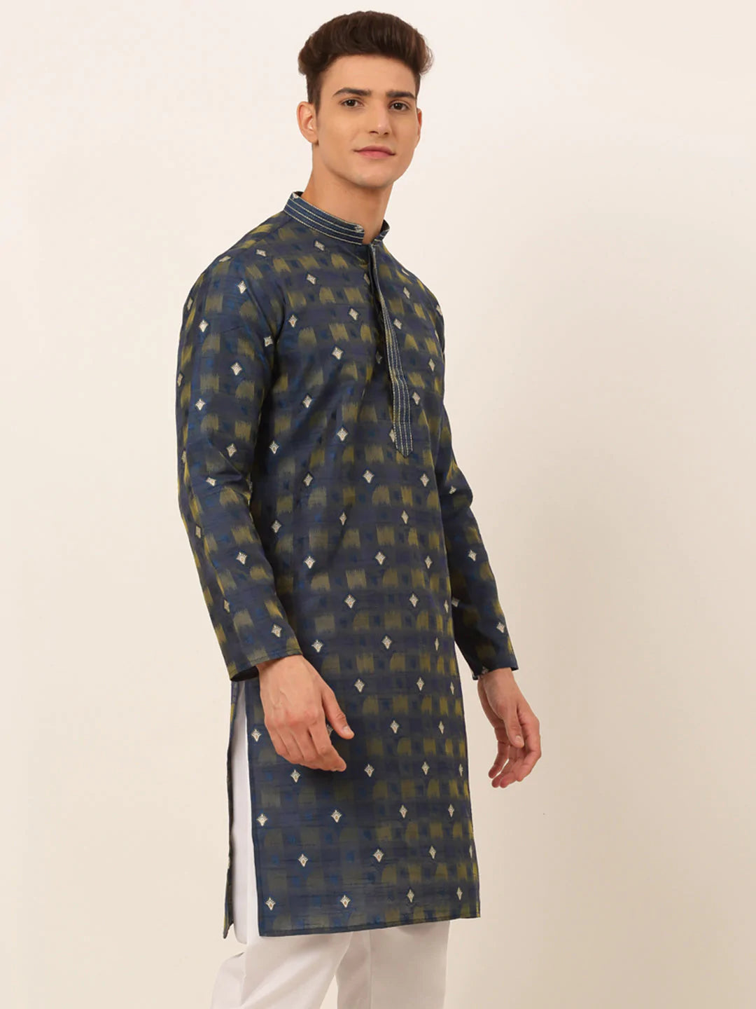 Jompers Men's Navy Blue Collar Embroidered Woven Design Kurta Pajama ( KO 672 Navy )
