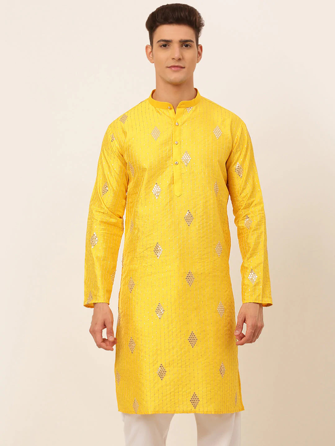 Jompers Men Mustard Yellow Embroidered Sequinned Kurta Only ( KO 673 Mustard )