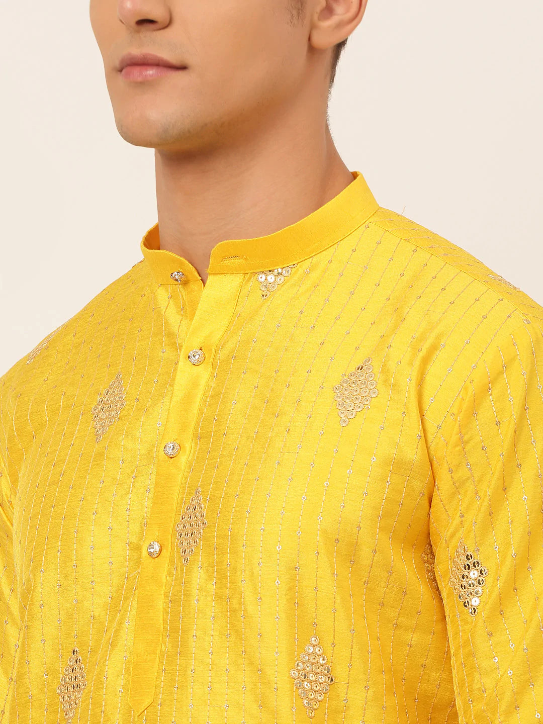 Jompers Men Mustard Yellow Embroidered Sequinned Kurta Only ( KO 673 Mustard )