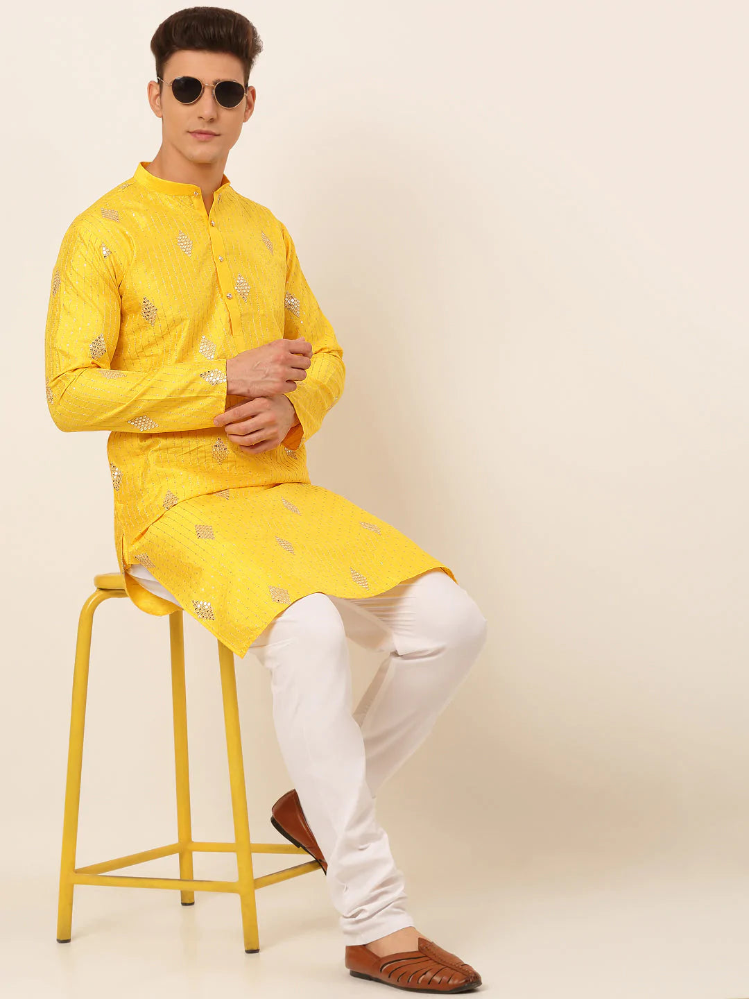 Jompers Men Mustard Yellow Embroidered Sequinned Kurta Only ( KO 673 Mustard )
