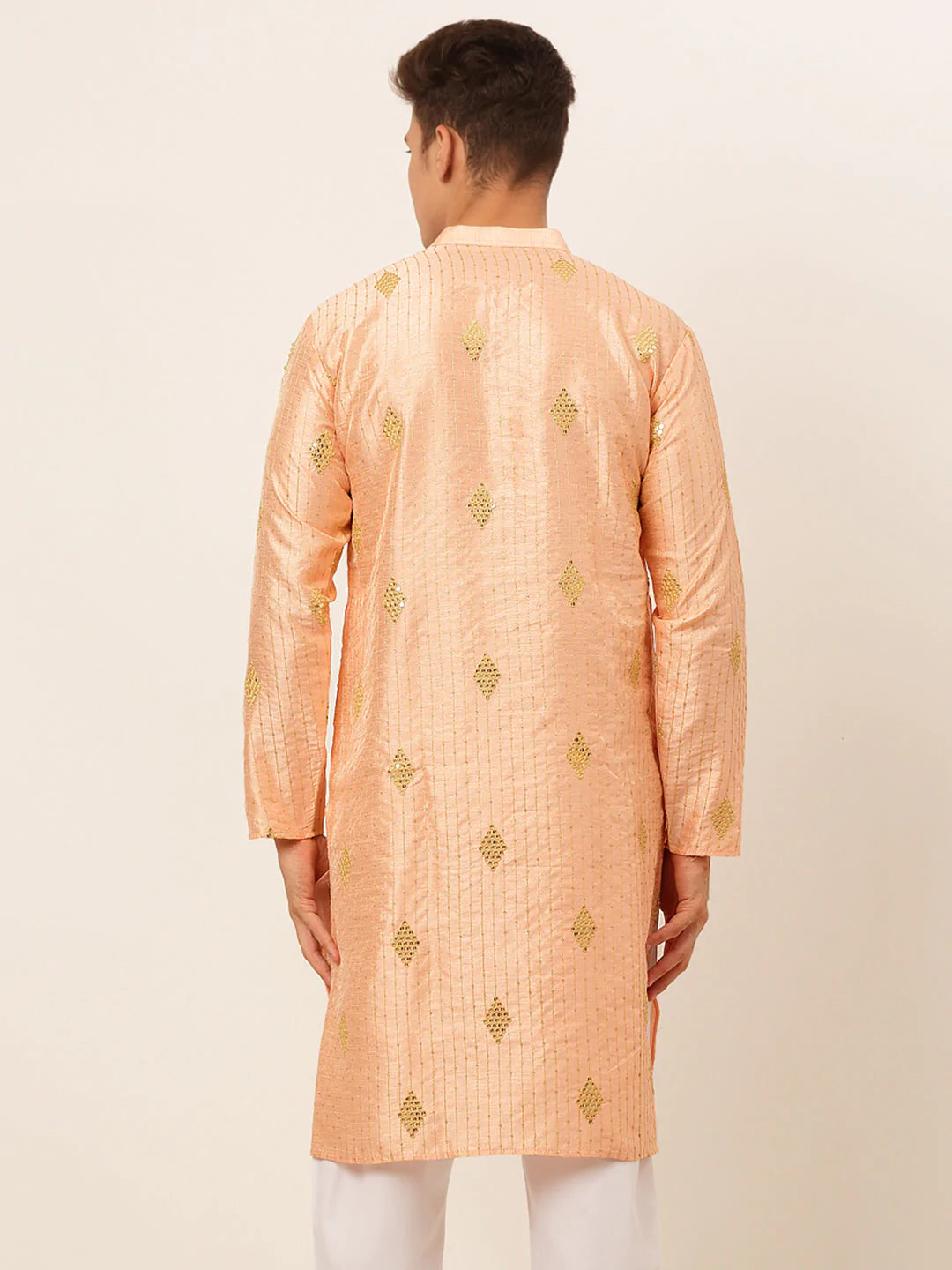 Jompers Men Peach Embroidered Sequinned Kurta Only ( KO 673 Peach )