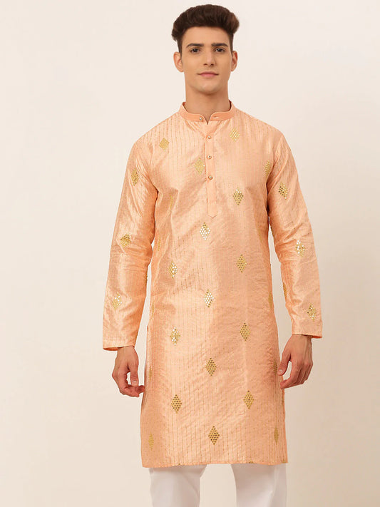 Jompers Men Peach Embroidered Sequinned Kurta Only ( KO 673 Peach )