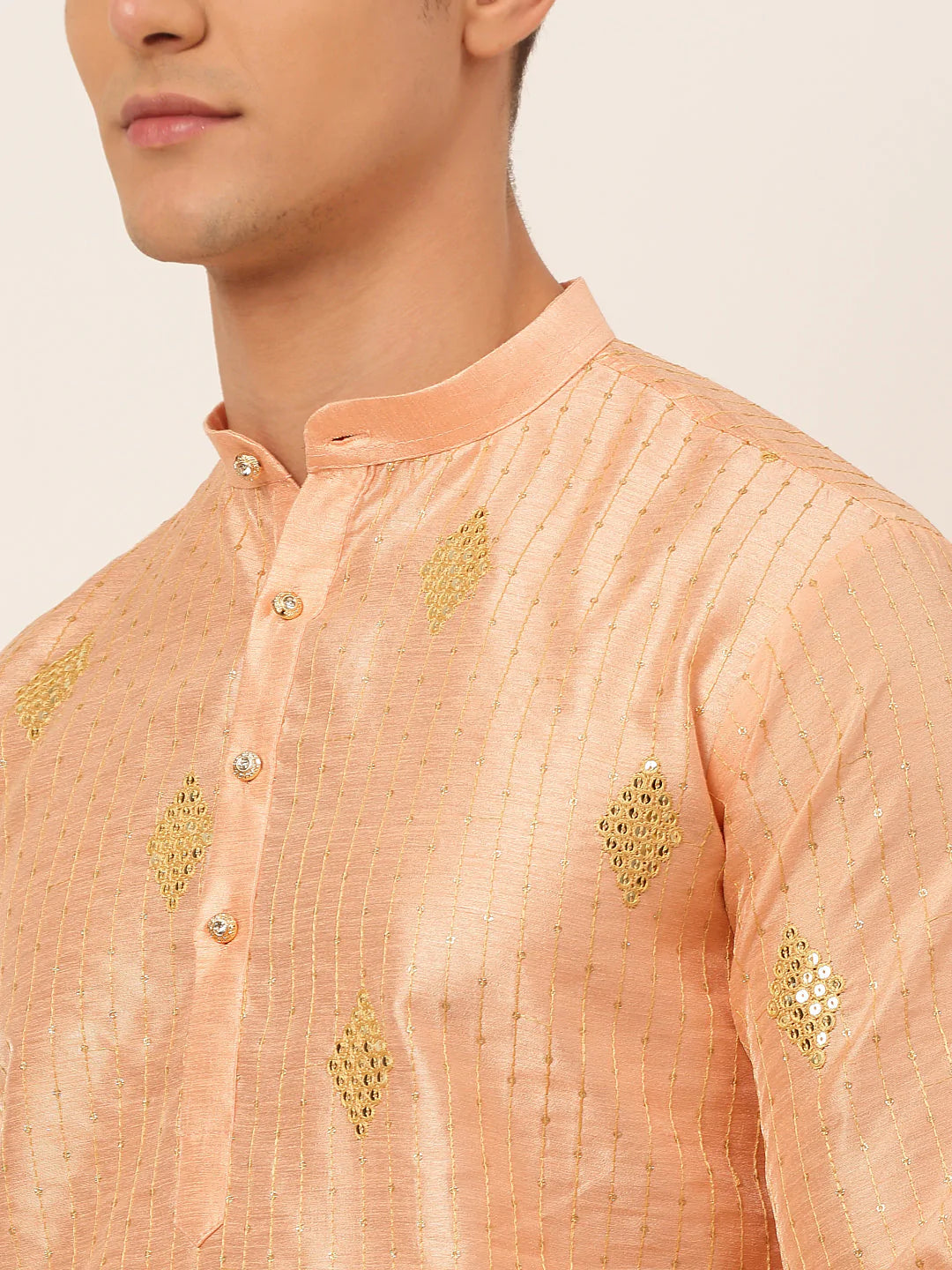 Jompers Men Peach Embroidered Sequinned Kurta Only ( KO 673 Peach )