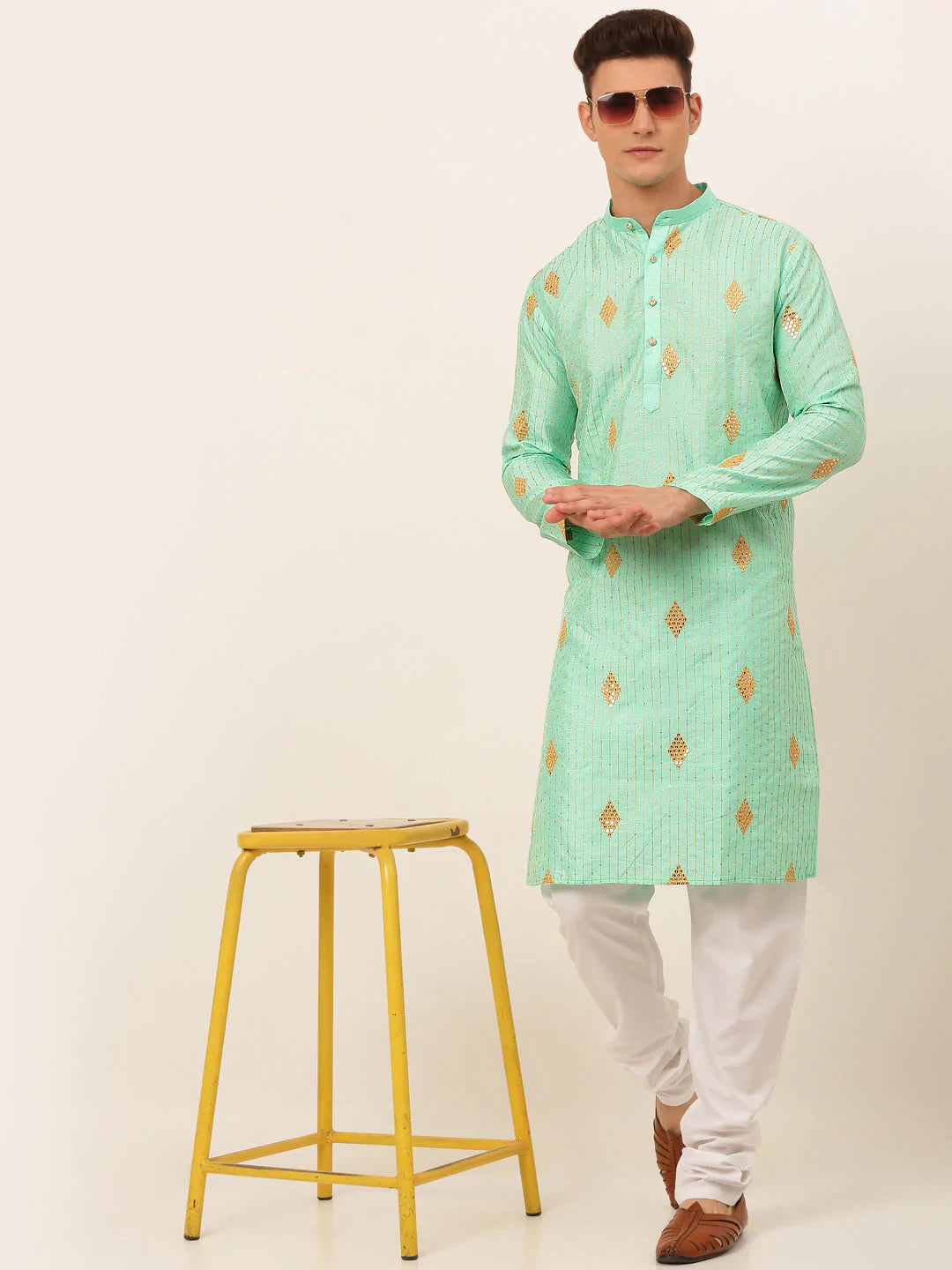 Jompers Men Sky Blue Embroidered Sequinned Kurta Only ( KO 673 Sky )