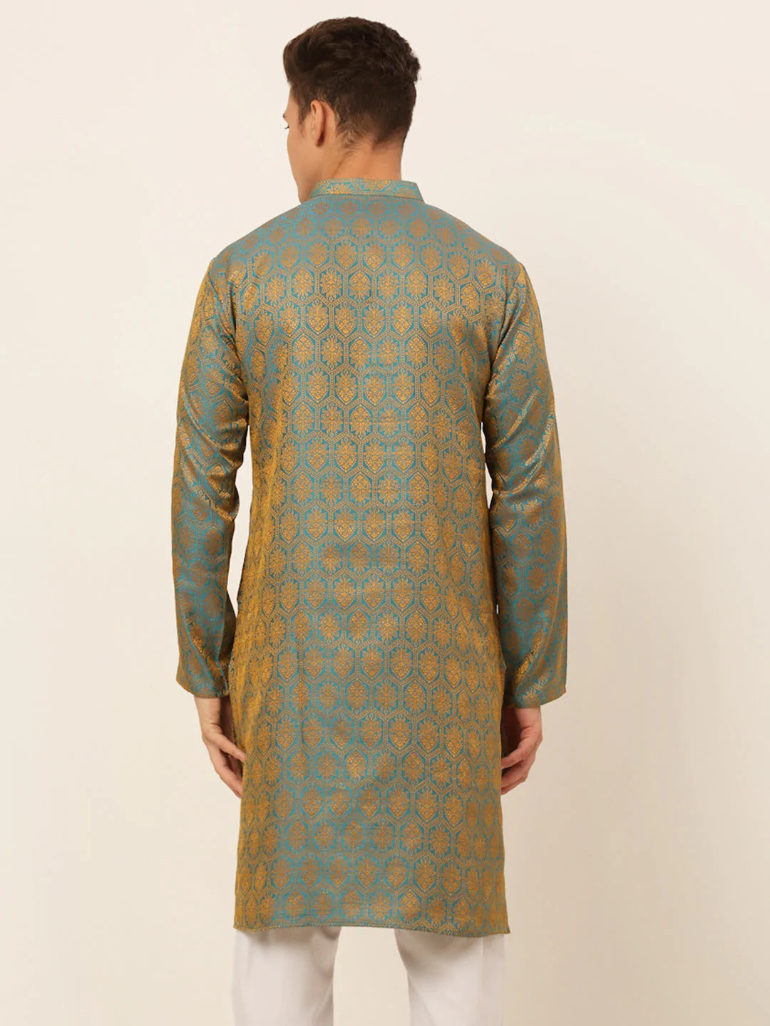 Jompers Men's Blue and Golden Woven Design Kurta Only ( KO 674 Blue )