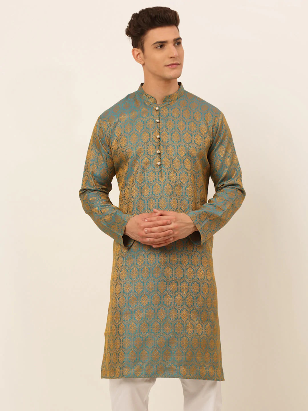 Jompers Men's Blue and Golden Woven Design Kurta Only ( KO 674 Blue )