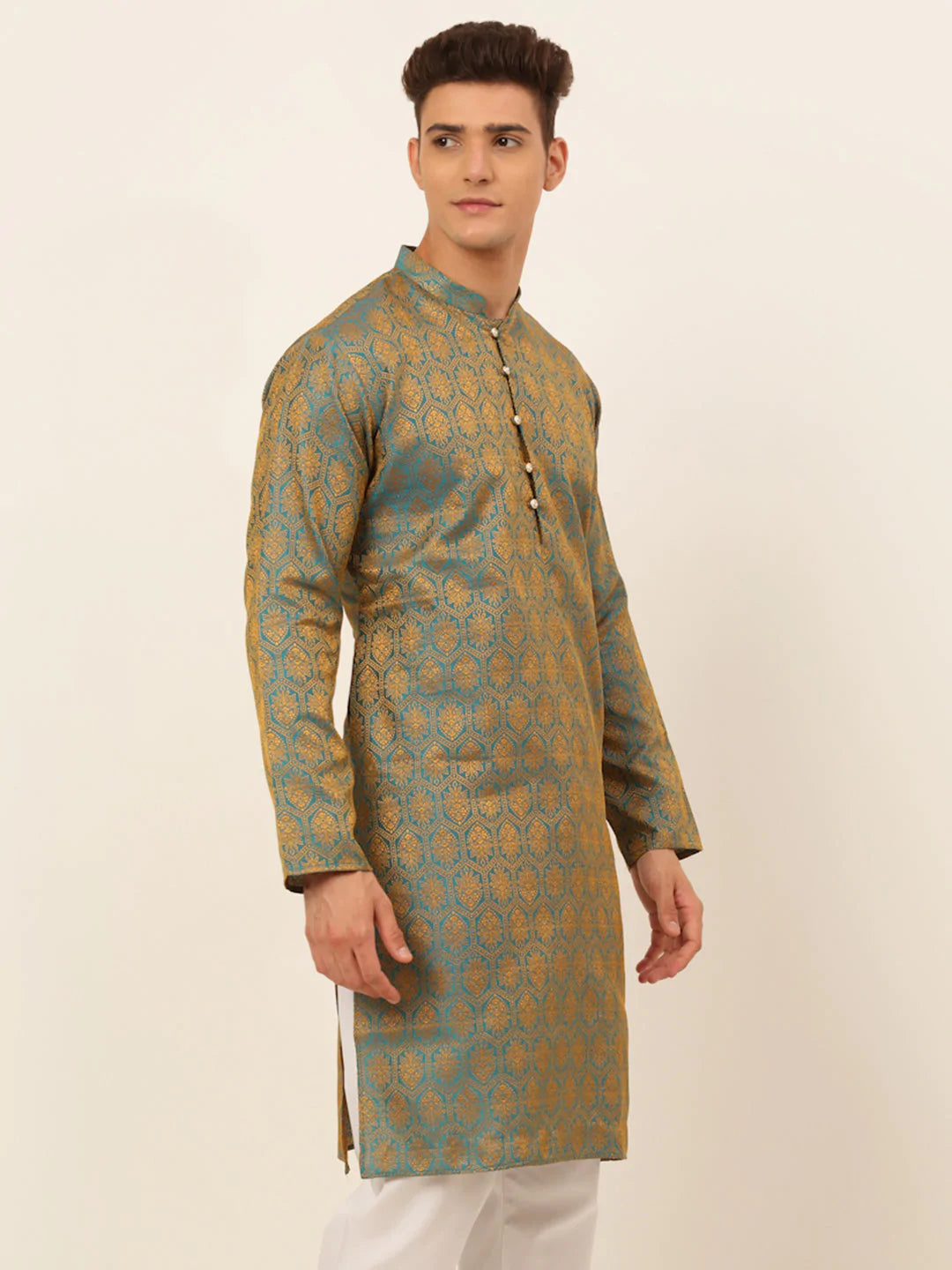 Jompers Men's Blue and Golden Woven Design Kurta Only ( KO 674 Blue )