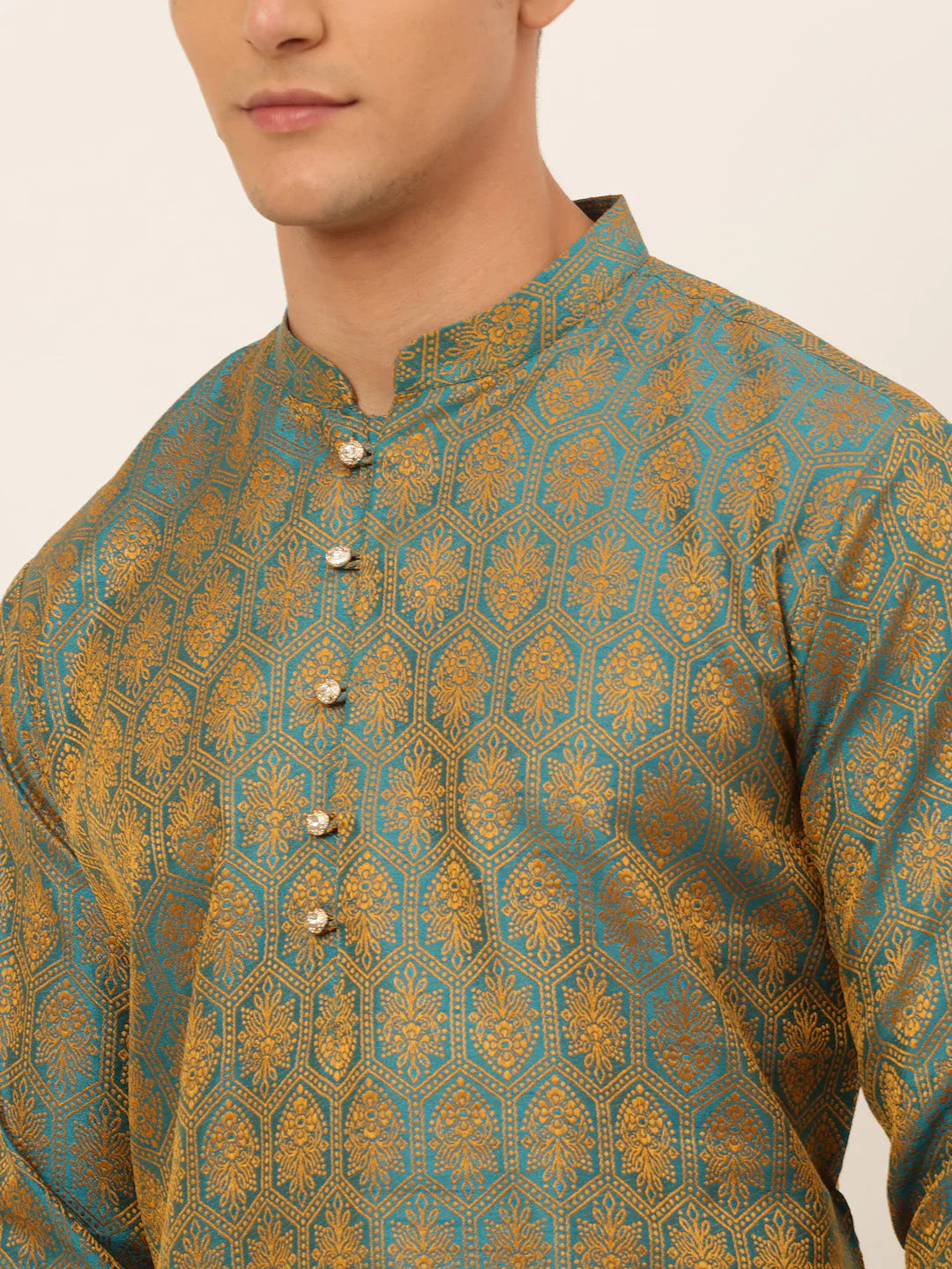 Jompers Men's Blue and Golden Woven Design Kurta Only ( KO 674 Blue )