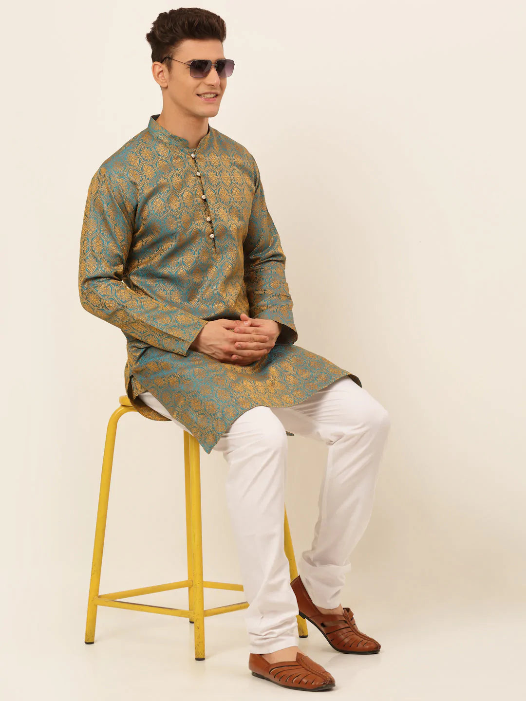 Jompers Men's Blue and Golden Woven Design Kurta Only ( KO 674 Blue )