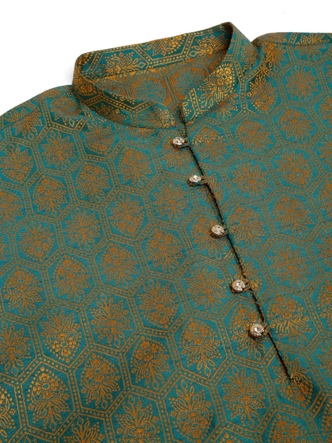 Jompers Men's Blue and Golden Woven Design Kurta Only ( KO 674 Blue )