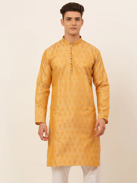 Jompers Men's Silver and Golden Woven Design Kurta Only ( KO 674 Golden )