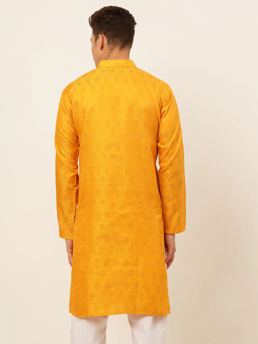 Jompers Men's Mustard and Golden Woven Design Kurta Only ( KO 674 Mustard )