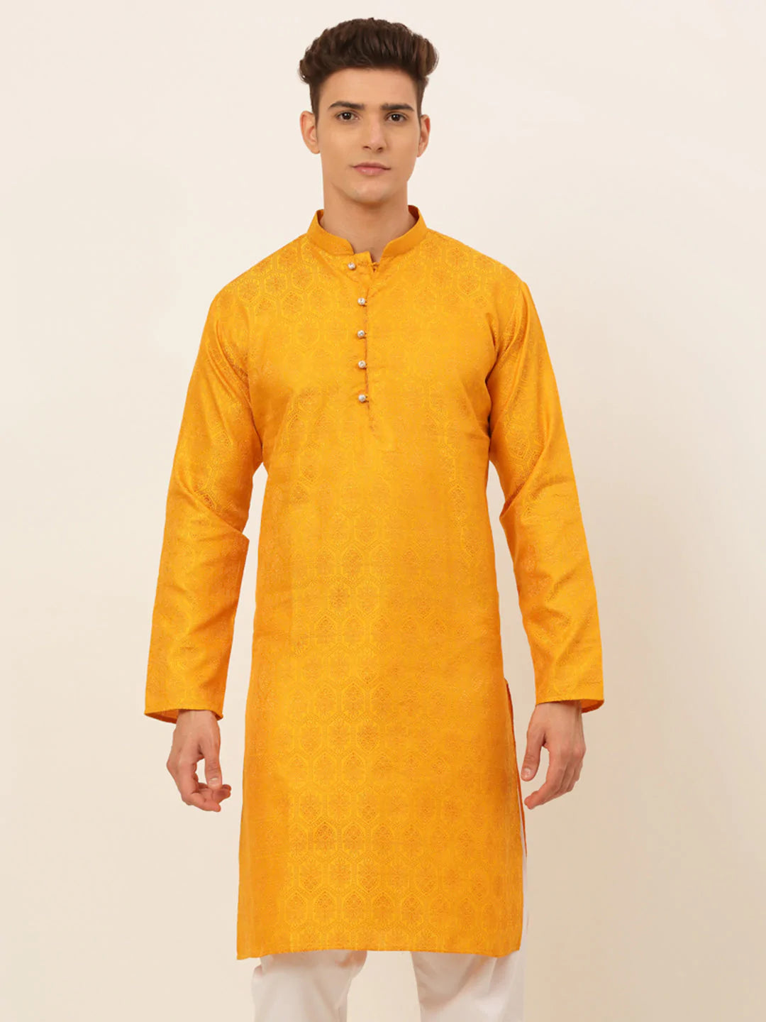 Jompers Men's Mustard and Golden Woven Design Kurta Only ( KO 674 Mustard )