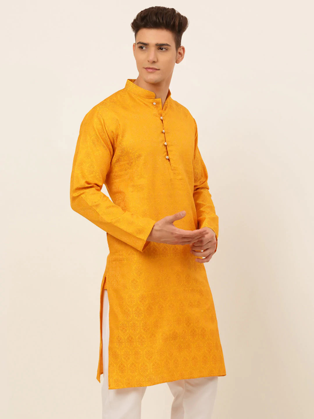 Jompers Men's Mustard and Golden Woven Design Kurta Only ( KO 674 Mustard )