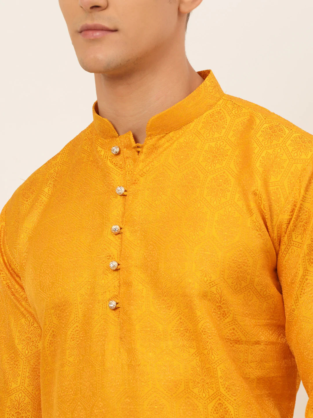 Jompers Men's Mustard and Golden Woven Design Kurta Only ( KO 674 Mustard )