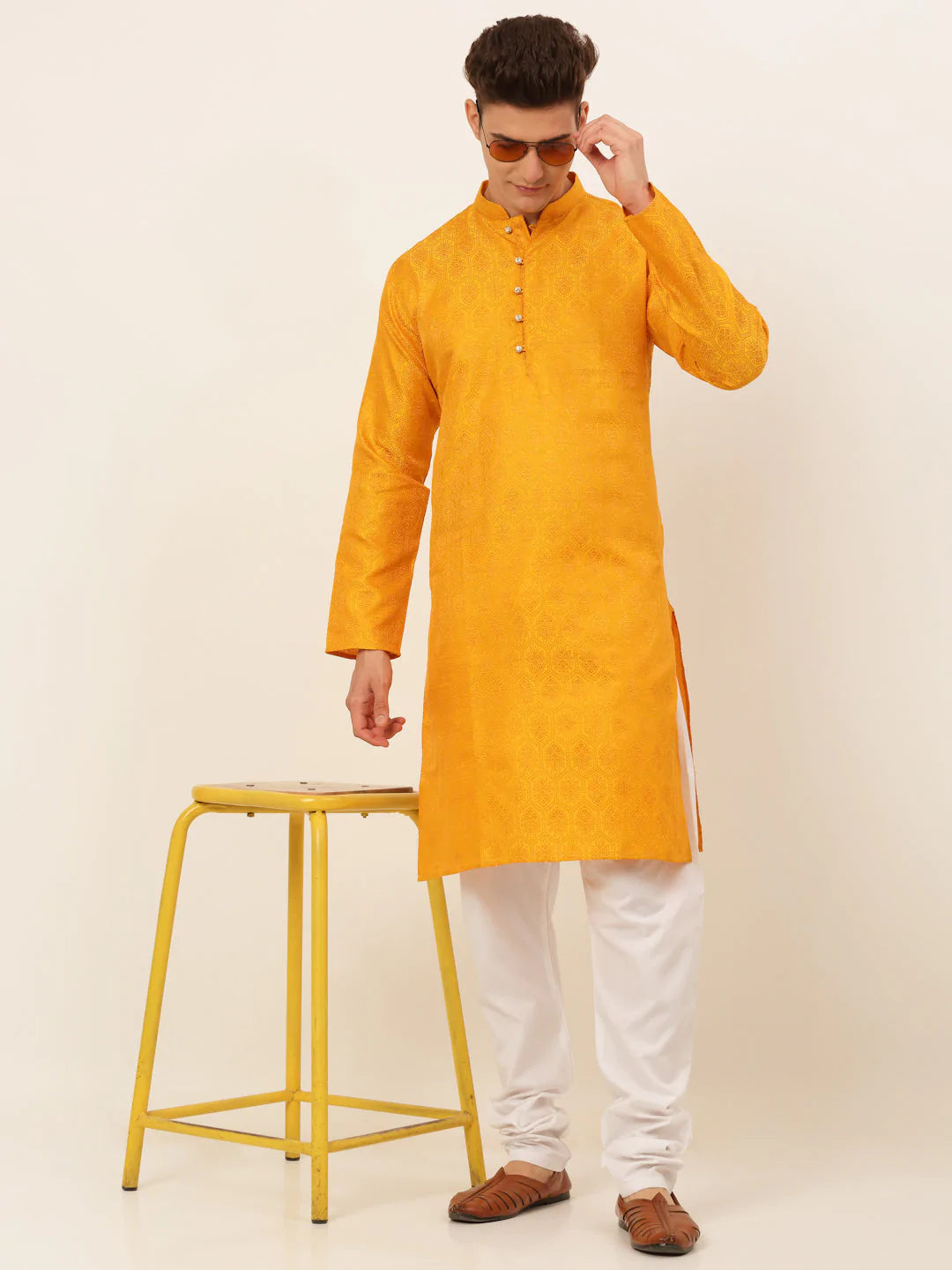 Jompers Men's Mustard and Golden Woven Design Kurta Only ( KO 674 Mustard )