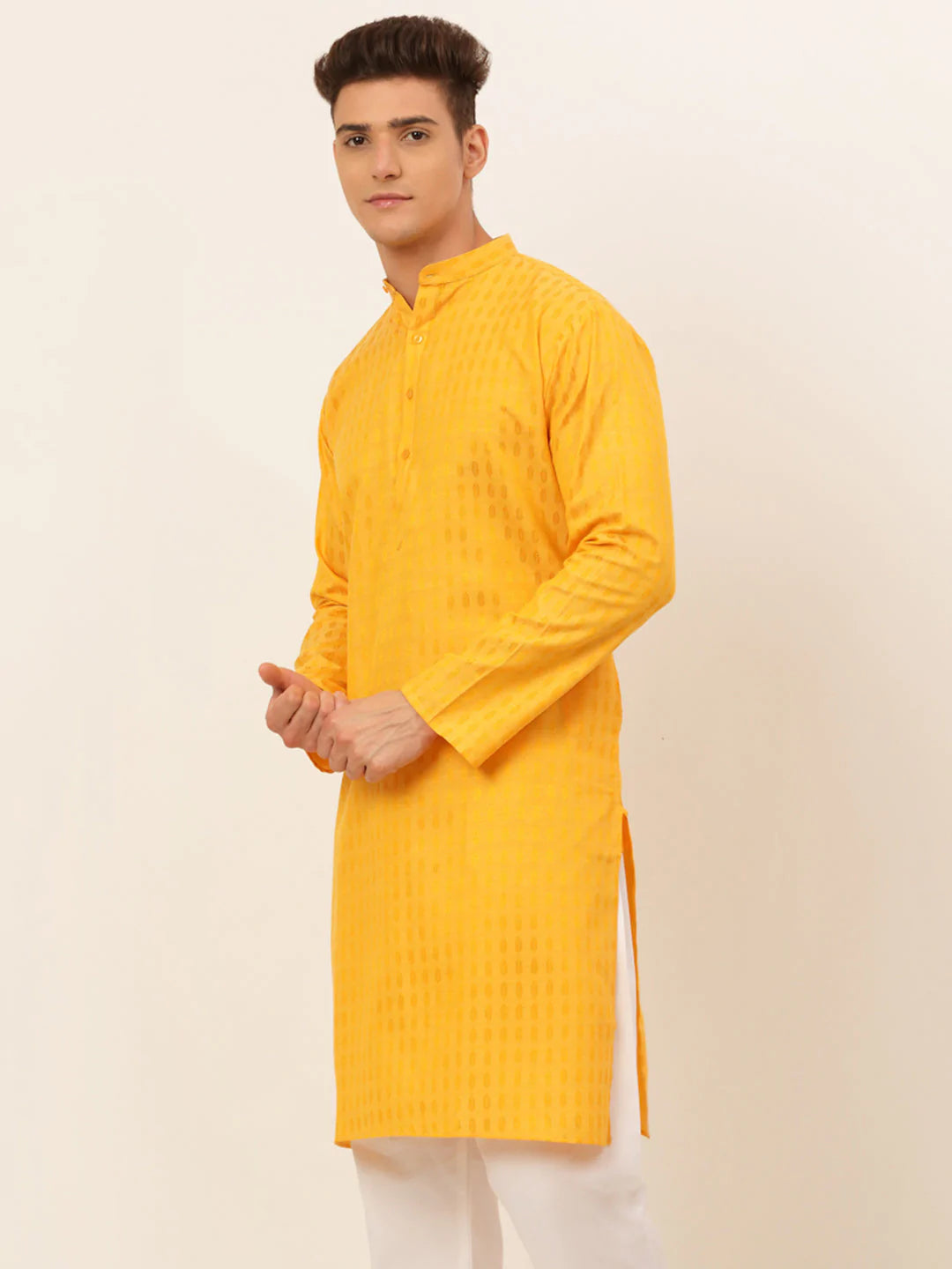 Jompers Men's Mustard Woven Design Kurta Only ( KO 675 Mustard )