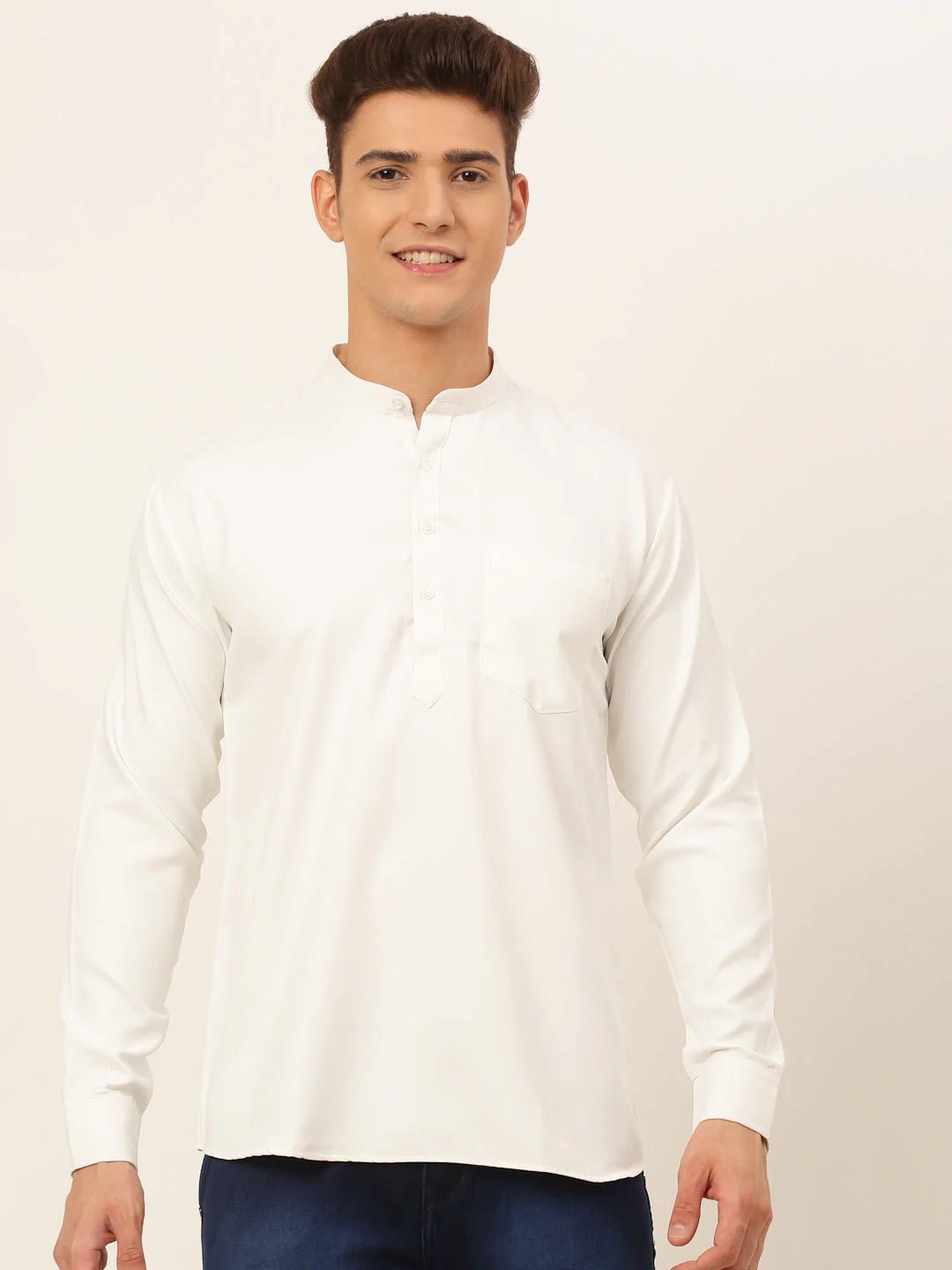 Jompers Men's White Solid Cotton Short Kurta ( KO 677 White )