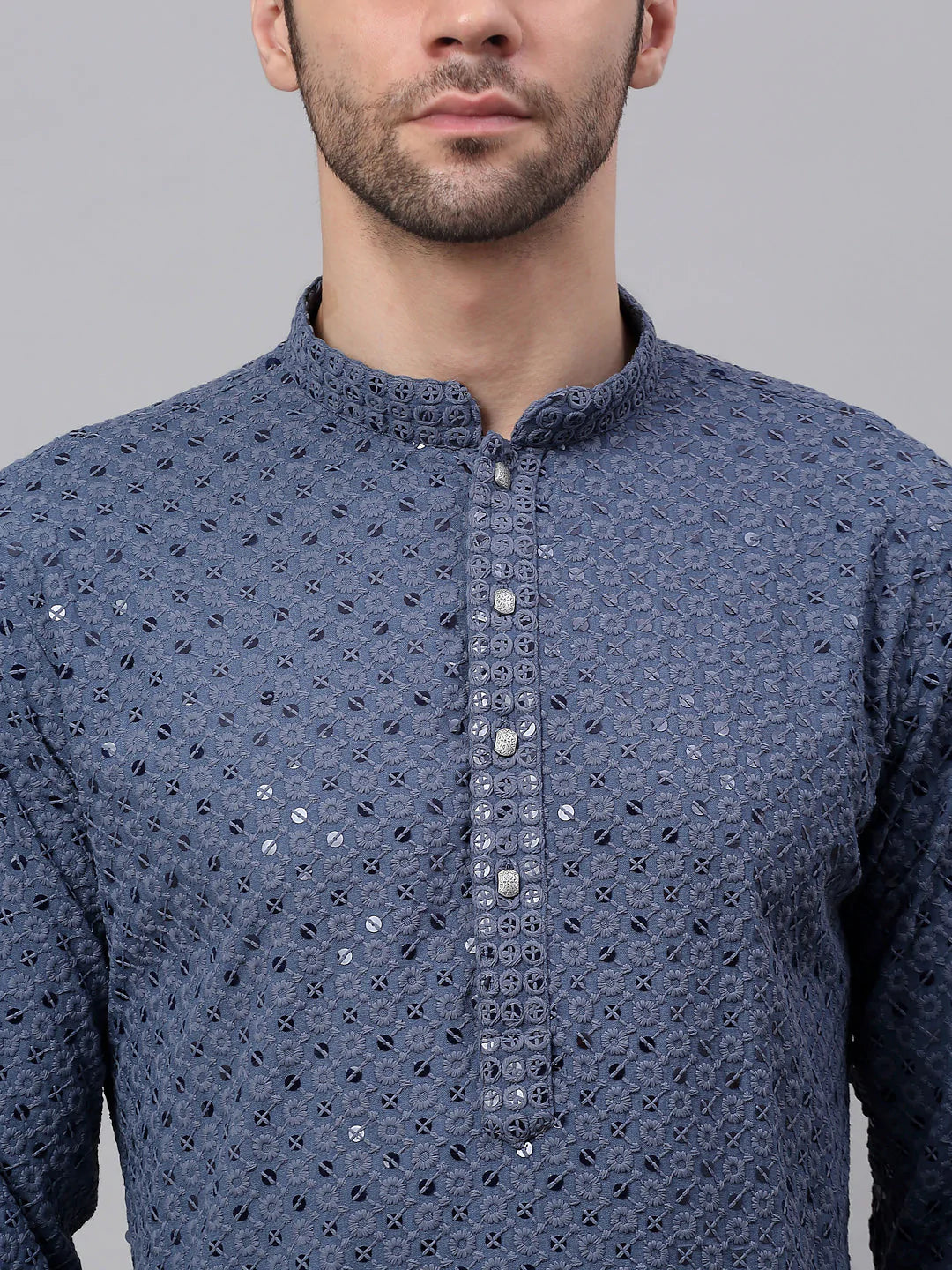 Men Grey Chikankari Embroidered and Sequence Kurta Only ( KO 678 Grey )