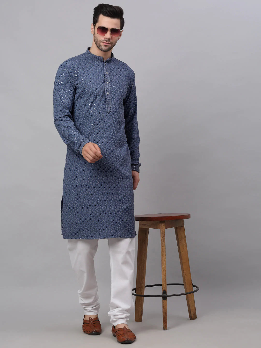 Men Grey Chikankari Embroidered and Sequence Kurta Only ( KO 678 Grey )