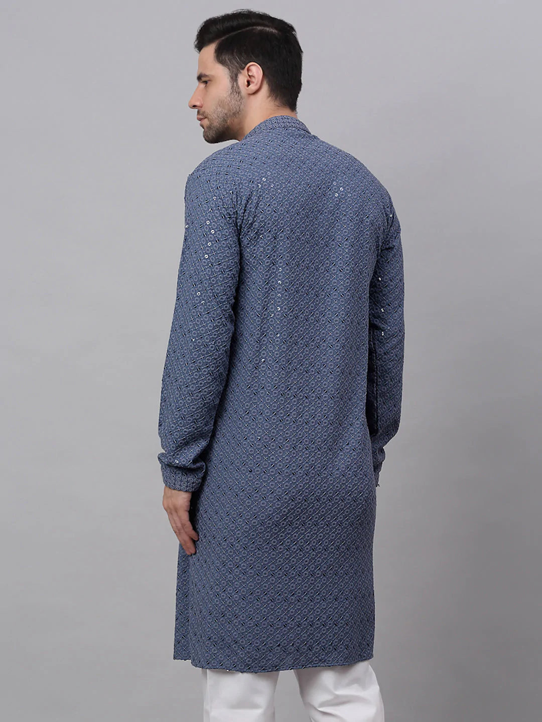 Men Grey Chikankari Embroidered and Sequence Kurta Only ( KO 678 Grey )