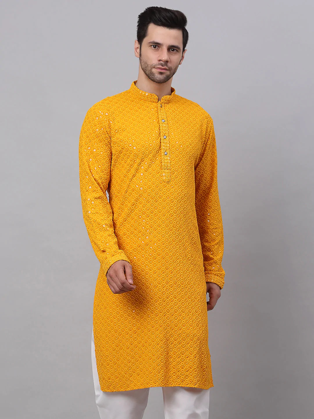 Men Mustard Chikankari Embroidered and Sequence Kurta Only ( KO 678 Mustard )