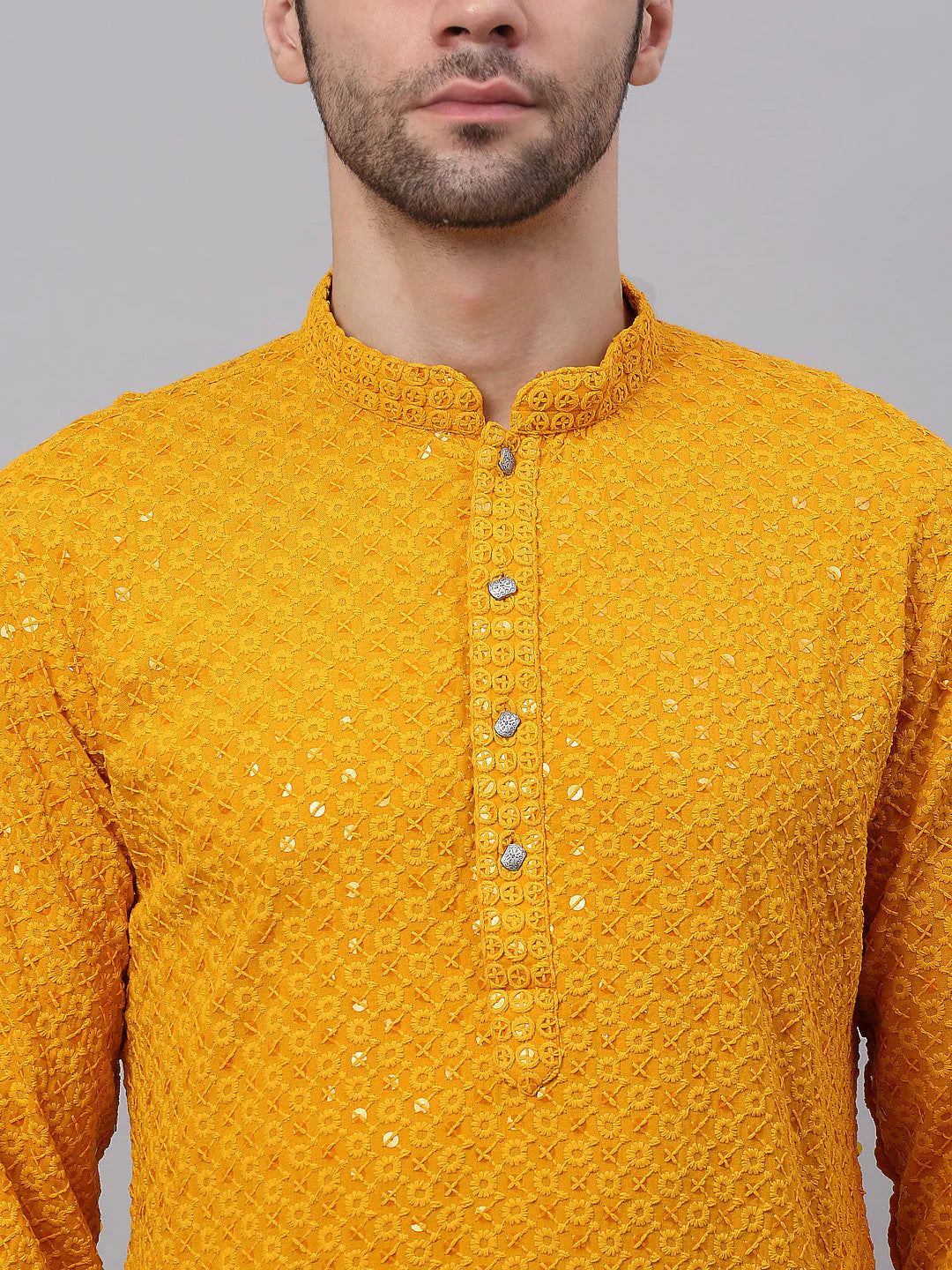 Men Mustard Chikankari Embroidered and Sequence Kurta Only ( KO 678 Mustard )