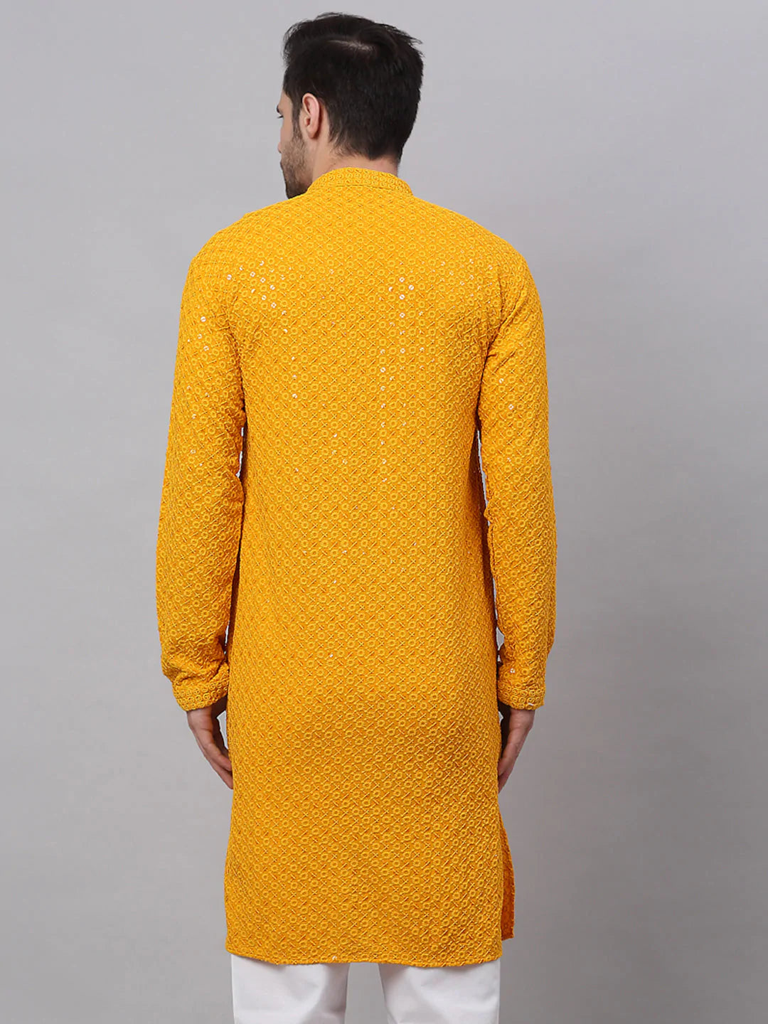 Men Mustard Chikankari Embroidered and Sequence Kurta Only ( KO 678 Mustard )