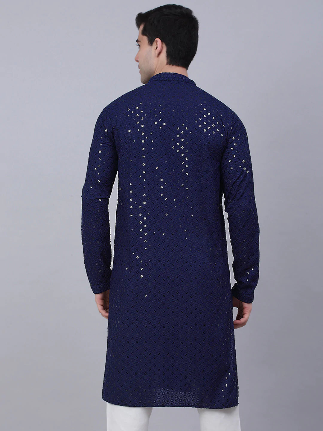 Men Navy Blue Chikankari Embroidered and Sequence Kurta Only ( KO 678 Navy )