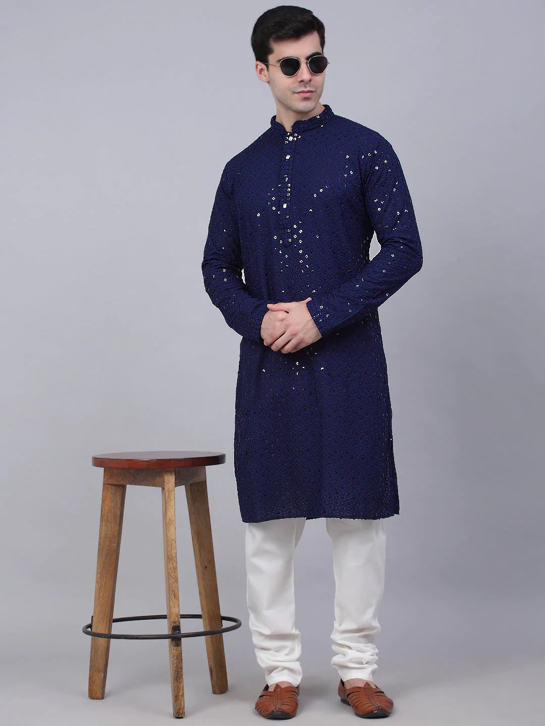 Men Navy Blue Chikankari Embroidered and Sequence Kurta Only ( KO 678 Navy )