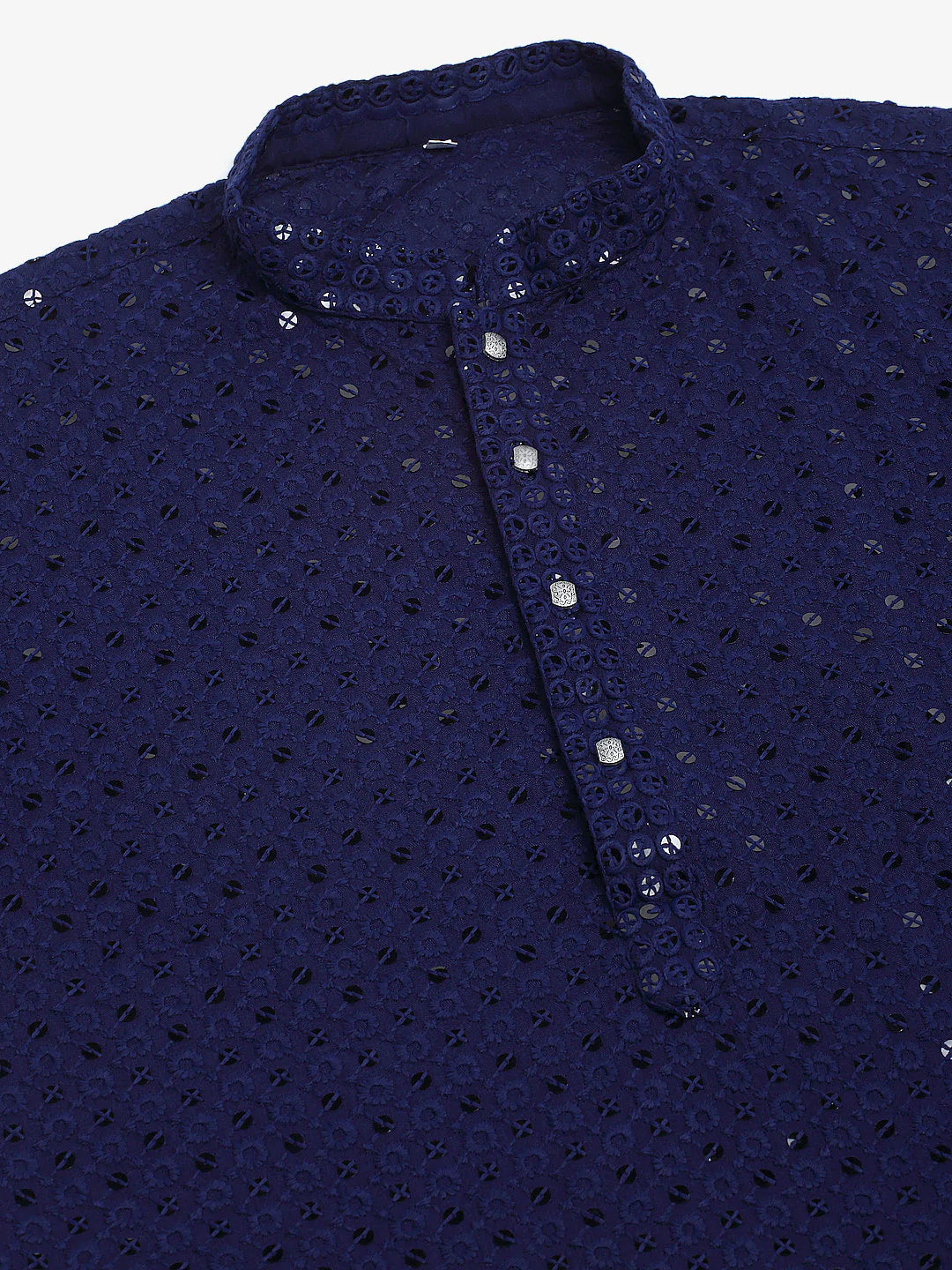 Men Navy Blue Chikankari Embroidered and Sequence Kurta Only ( KO 678 Navy )