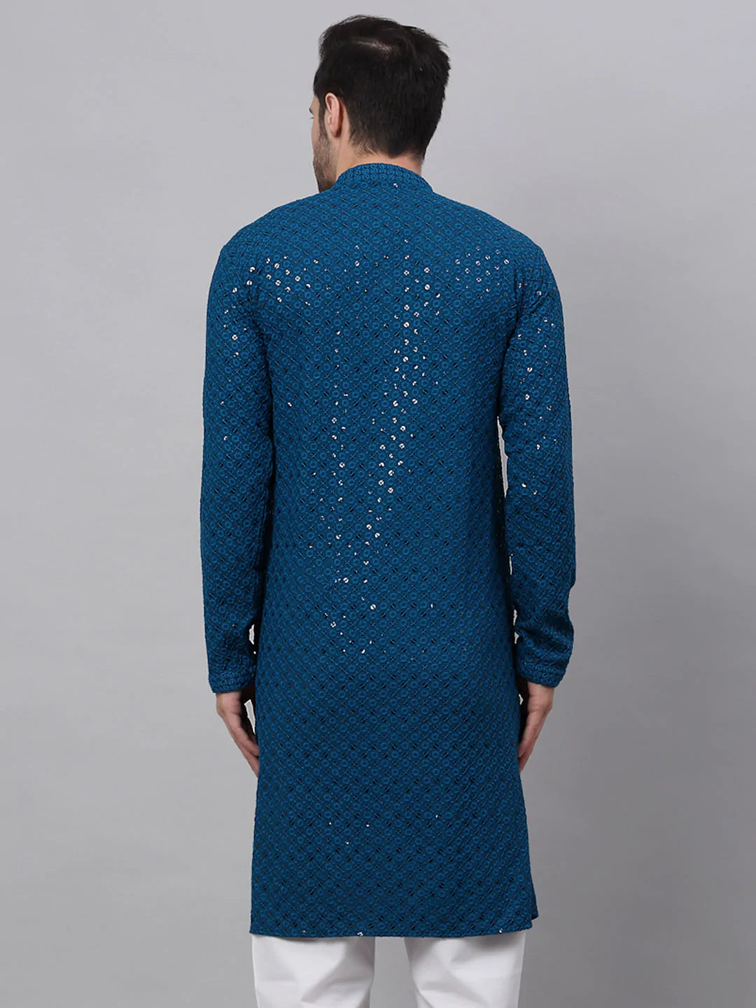 Men Blue Chikankari Embroidered and Sequence Kurta Only ( KO 678 Peacock )