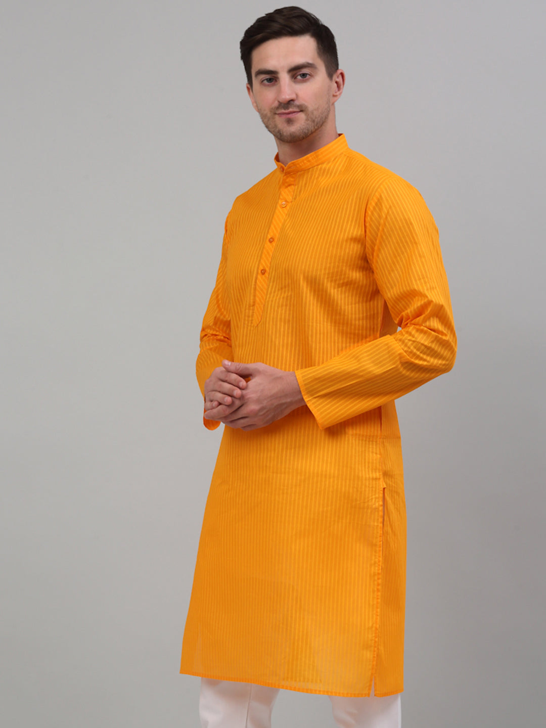Men's Mustard Cotton Striped Kurta Only